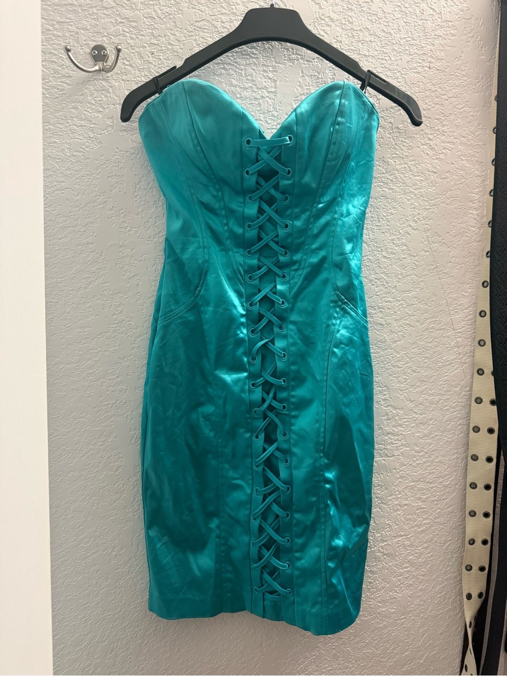 bebe Teal Strapless Satin Lace-Up Sheath Dress